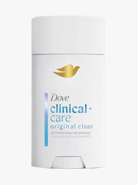 Dove Clinical + Care Original Clean Antiperspirant Stick on a light gray background