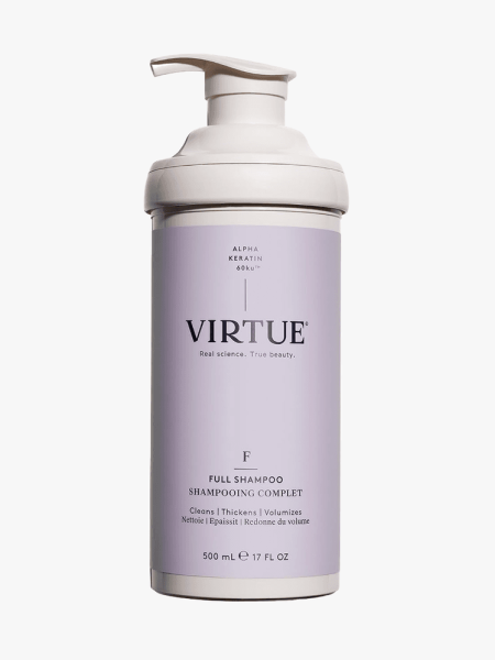 Virtue Full Shampoo in branded component on a light gray background